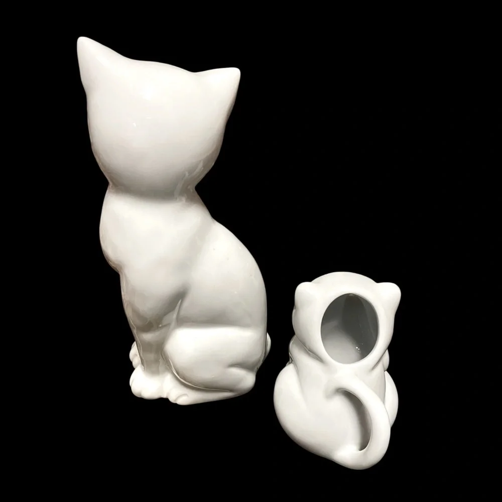 White Porcelain Cat Set - 8” Figurine & 3 1/2” Sur La Table Creamer